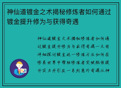 神仙道镀金之术揭秘修炼者如何通过镀金提升修为与获得奇遇